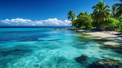 Tropical coastal landscape with turquoise water and palm trees