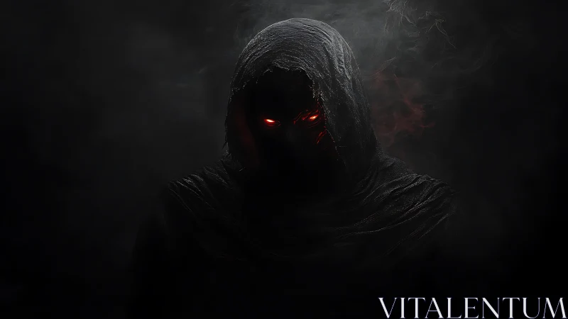 Hooded dark figure with red glowing eyes in heavy shadow.