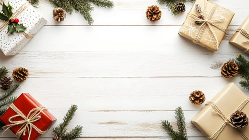 Cozy Christmas gifts resting among pine branches and cones.