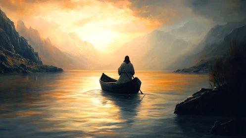 Solitary robed figure rowing toward radiant mountain sunrise.