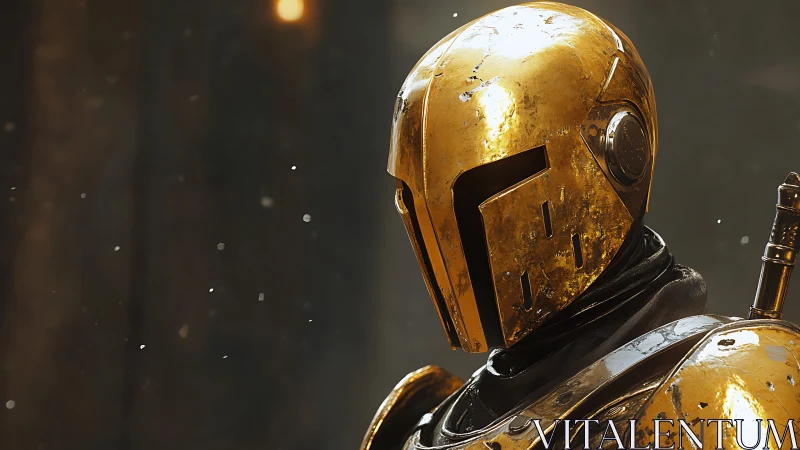 Golden armored robot stands in worn metallic helmet