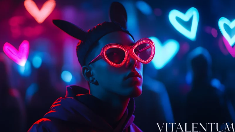 Neon-bathed club portrait with luminous heart bokeh optics.