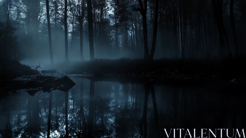 Foggy forest pond reflects tall trees in low blue light