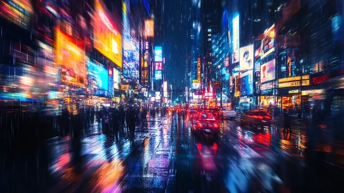Neon soaked city street at night in heavy urban rainfall.