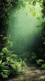 Misty forest stream surrounded by lush hanging foliage.
