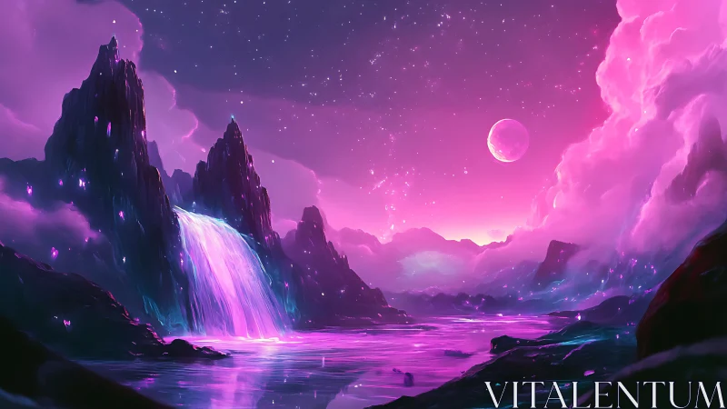 Luminous alien waterfall cascades into a neon dreamscape