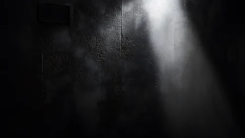 Dim concrete wall pierced by dramatic angled light beam.