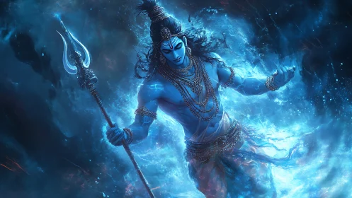 Blue-skinned mythic warrior with trident in energy field.