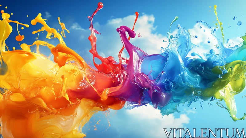 Joyful rainbow paint splash dancing across blue sky.