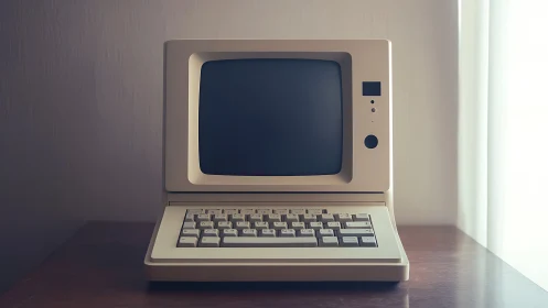Cozy retro computer sitting quietly on a sunlit wooden desk.
