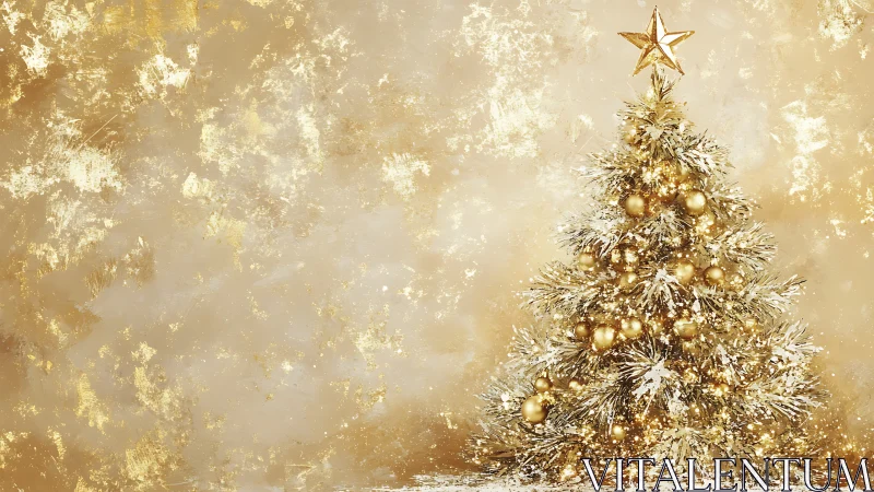 Gold Christmas tree glows against textured metallic wall