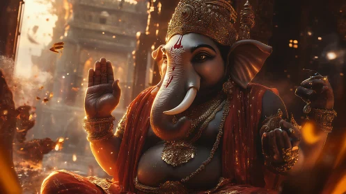 Golden Ganesha radiates calm grace in a glowing temple hall