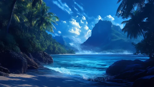 Tropical Paradise Bay. Crystal Waters Frame Mountain Peaks.