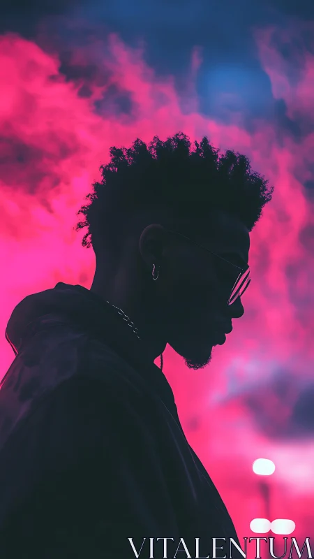 Neon silhouette portrait under vivid pink sky glow.