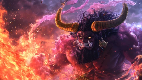 Horned demon figure amid dense flames and smoke clouds.