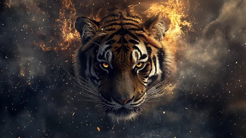 Hyperreal tiger portrait suspended in embers and smoke field