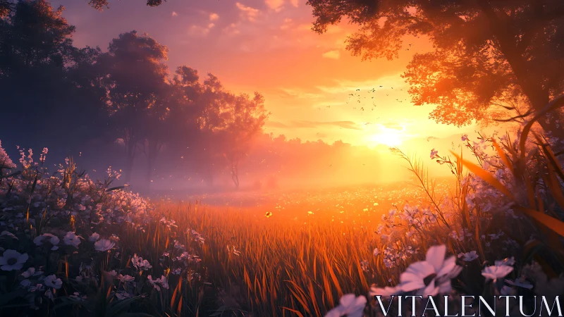 Sunlit wildflower meadow at low horizon sunset view.