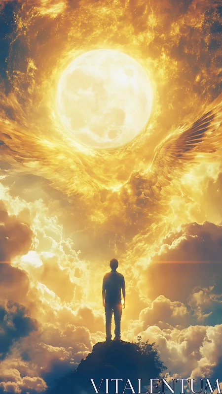 Solitary figure facing radiant celestial sphere and wings.