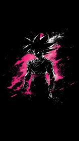 High-contrast anime fighter silhouette over magenta splatter field