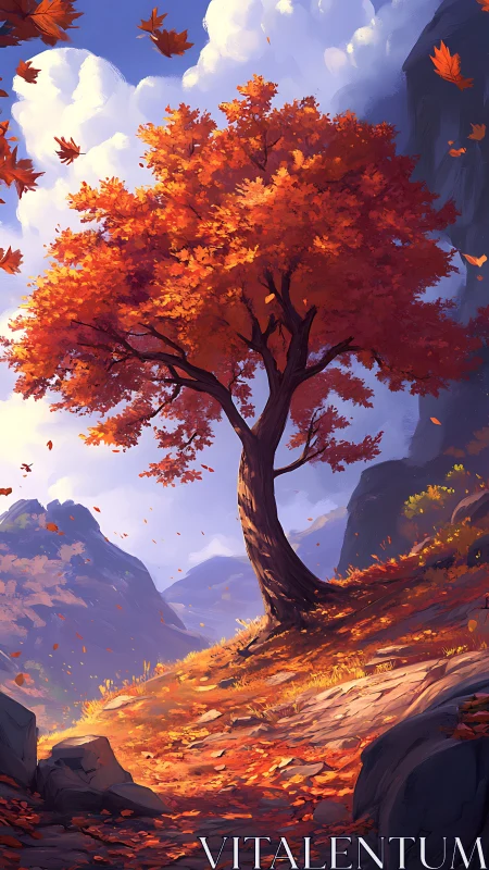 Solitary deciduous tree stands on a rocky autumn hillside