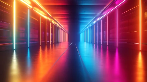 Neon-lit symmetric tunnel corridor with chromatic gradient panels.