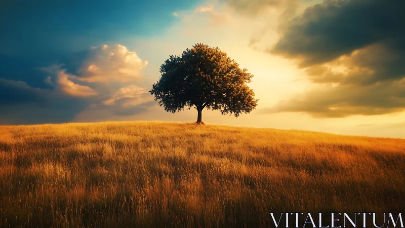 Lone tree on golden field at sunset, dramatic landscape scene.