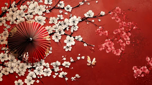 Crimson umbrella serenade beneath drifting plum blossoms.