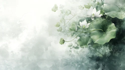 White lotus flowers with broad green leaves on misted field.