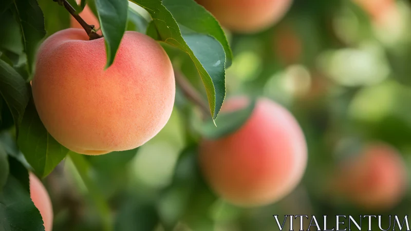 Ripe fuzzy peach on sunlit branch with shallow depth of field