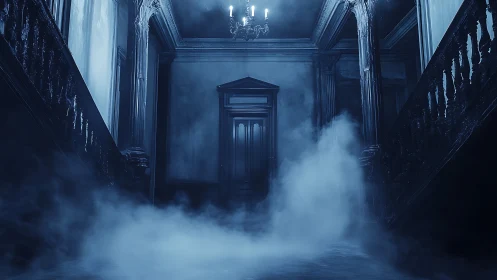 Dim corridor with central door framed by twin staircases.