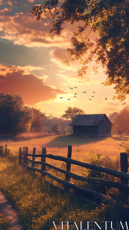 Golden hour rural cabin with leading fence perspective.
