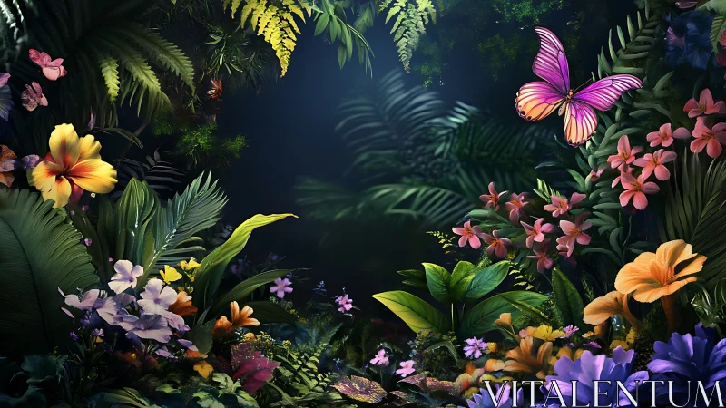 Tropical Garden Sanctuary With Blooming Flowers and Butterflies