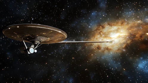 Futuristic starship near luminous interstellar gas cloud.