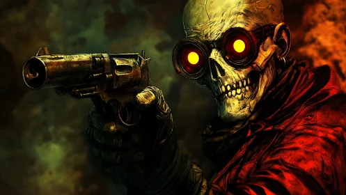 Postapocalyptic skull gunner with glowing goggles and revolver.