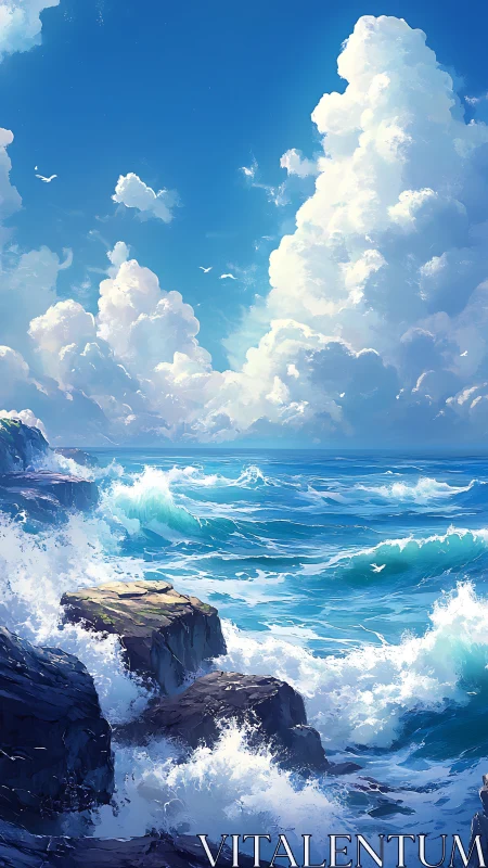 Storm-tossed cobalt sea with crashing surf and cumulus towers