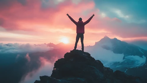 Silhouette on rocky summit under vivid mountain sunrise.