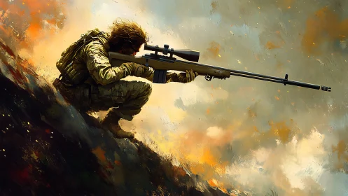 Sniper Positioned on Rocky Ridge in Combat.