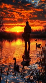 Sunset watcher standing quiet among glowing marsh ducks.