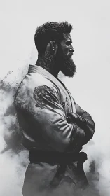 Bearded martial artist stands in profile wearing worn gi