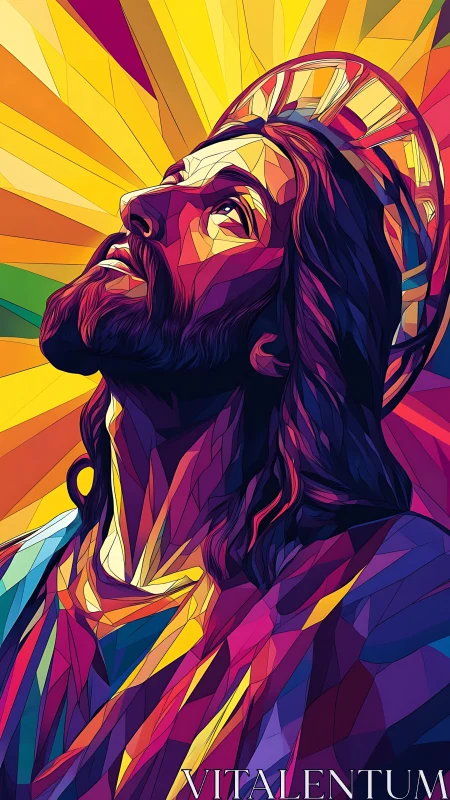 Radiant stained glass portrait of a serene bearded figure.