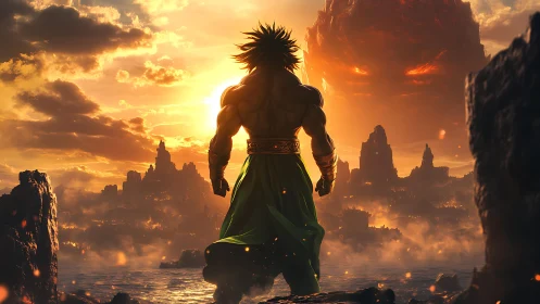 Warrior confronts colossal fiery entity over misty ruins