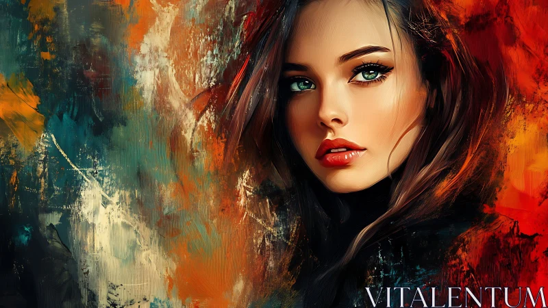 Portrait of a vivid-eyed woman amid fiery abstract color storm