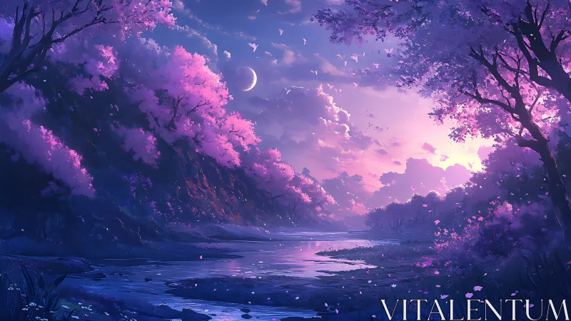 Luminous twilight river under crescent moon and sakura canopy.