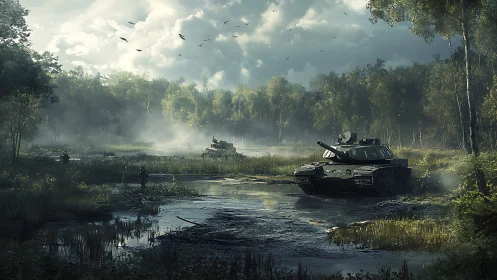 Armored tanks advance through misty swamp forest at dawn