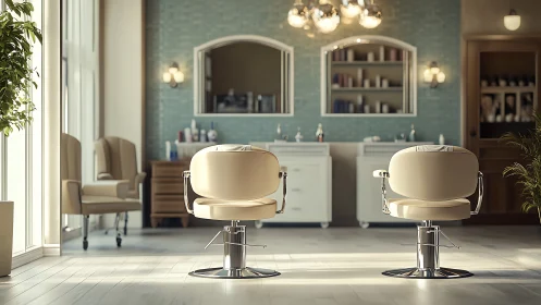 Contemporary salon interior with empty beige styling chairs.