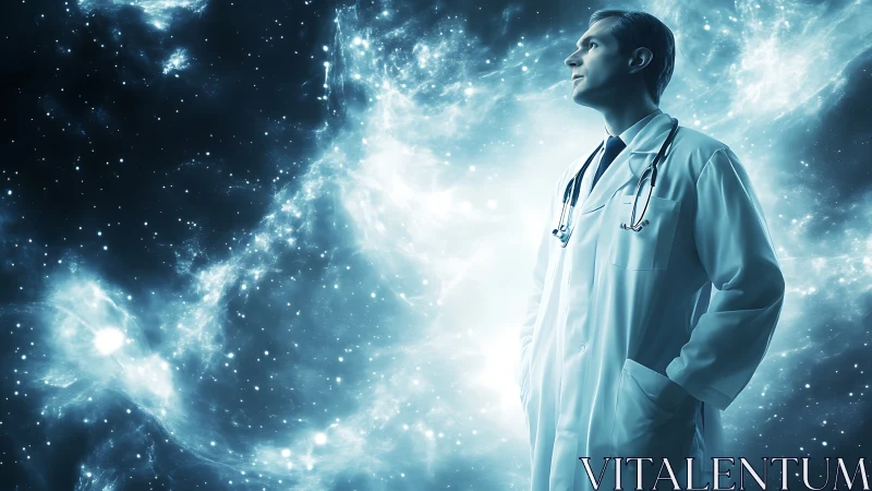 Clinician in lab coat surveys luminous nebular starfield environment