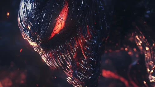 Ferocious alien creature bares razor fangs in molten glow.