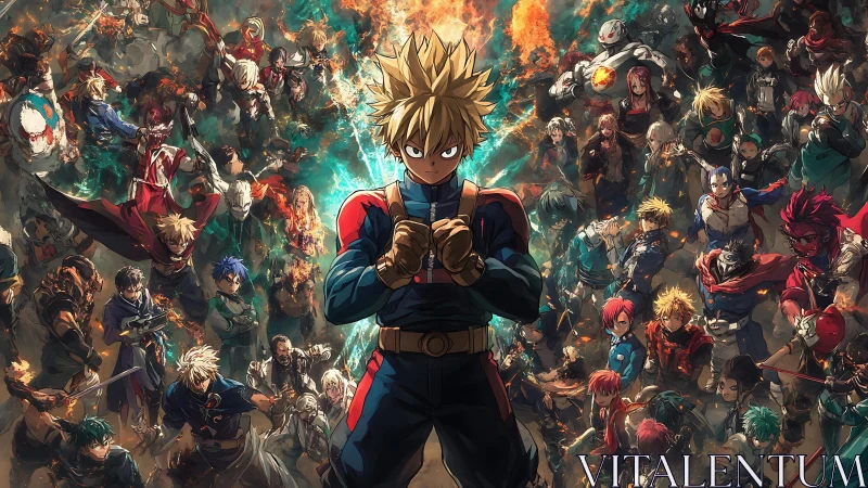 Central anime hero amid blazing battle-ready ensemble.