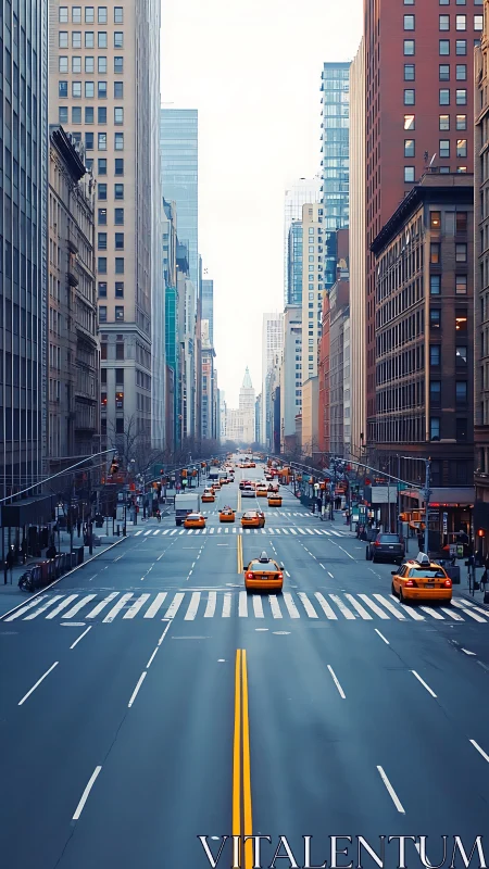 Central urban avenue displays linear traffic and tall buildings