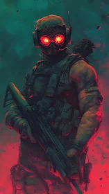Tactical soldier glows with neon red visor in smoky void.